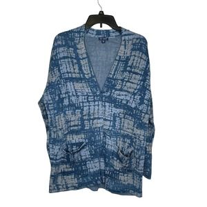 PureJill Women's Cardigan Patterned Pockets Tunic Snap Duster Blue Sz. XS Petite